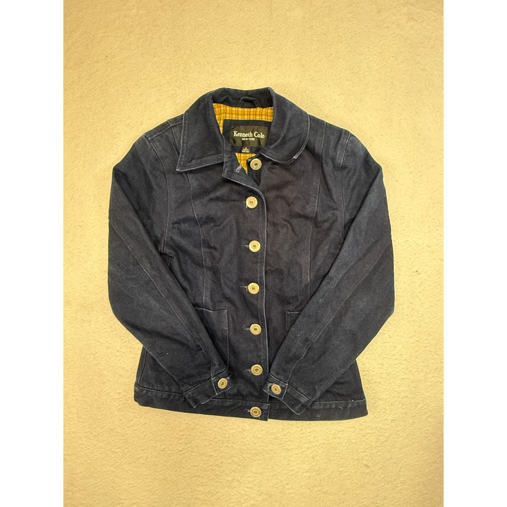 Kenneth Cole New York Womens Navy Blue Cotton Button Front Plaid Lined Jacket S